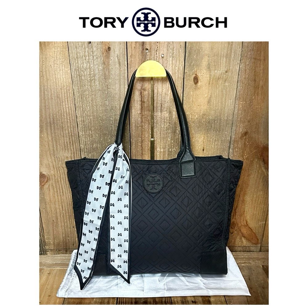 Tory Burch Black Quilted Logo Tote with White Bow Scarf